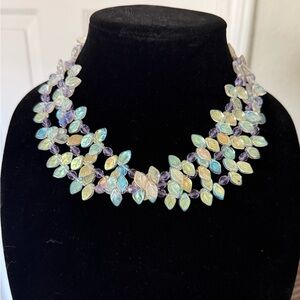 Czech Pressed Glass Iridescent Leaf Beaded Statement Necklace Lavender & Opal